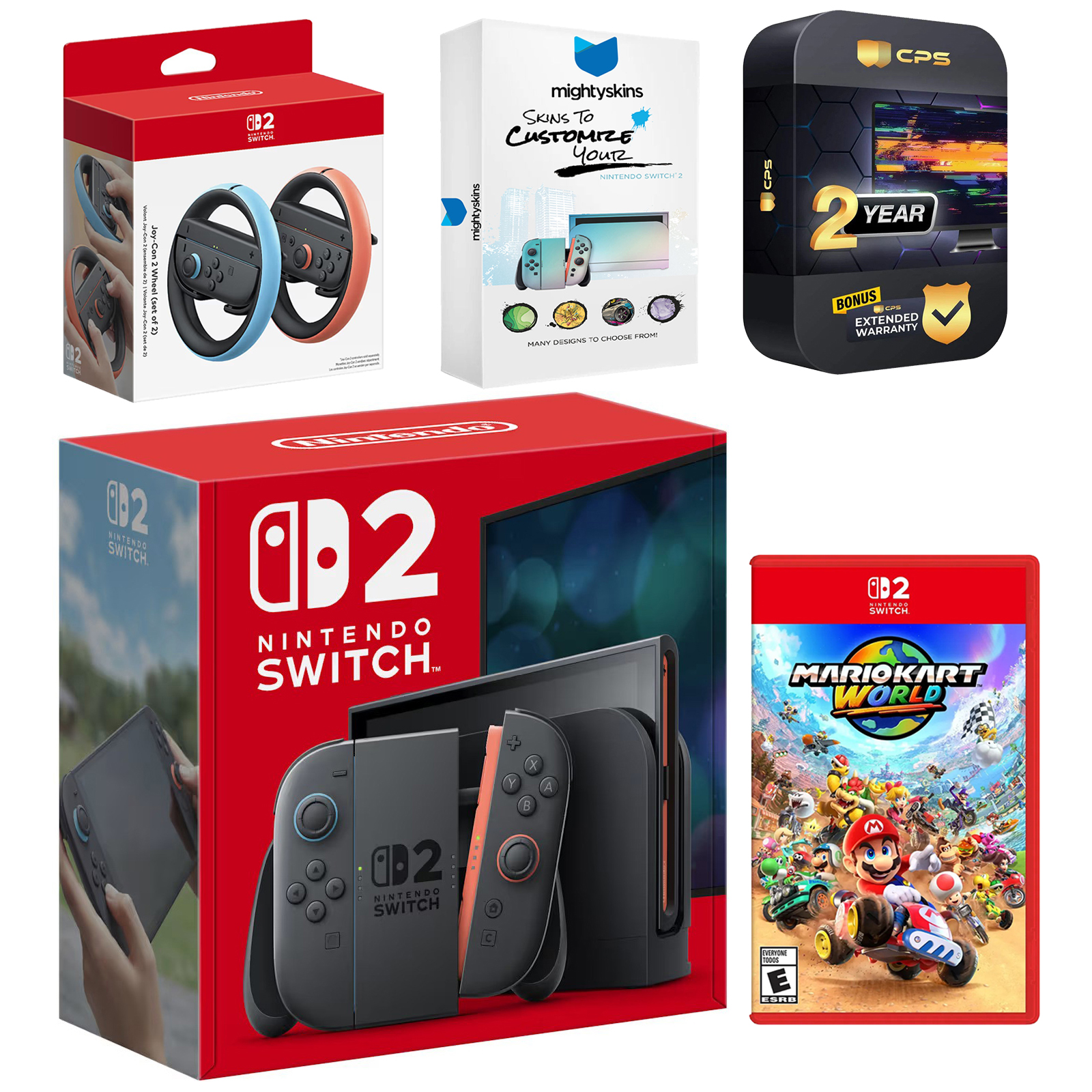 Nintendo Switch 2 + Mario Kart World, Joy Con Wheel, MightySkins